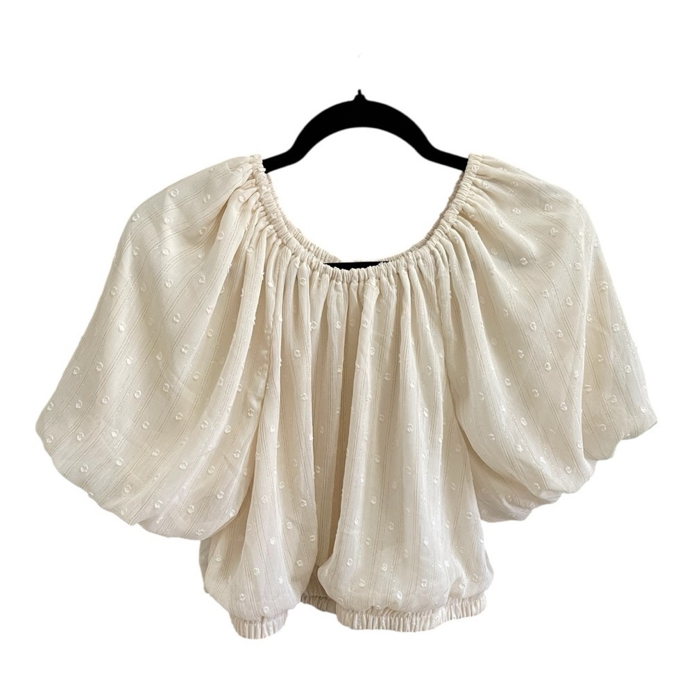By the River Crop Top, Size L, Puff Sleeves, Elastic Hem, Intricate Design, New.